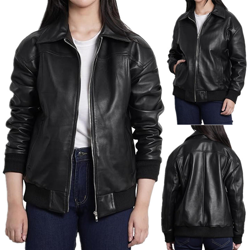 Zipper And Lapel Thread Cuff And Hem Pocket Leather Coat
