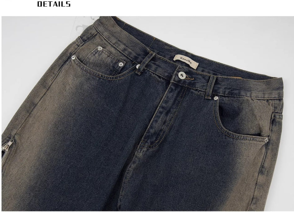 Men's Loose Double Zipper Yellow Mud Color Slightly Flared Jeans