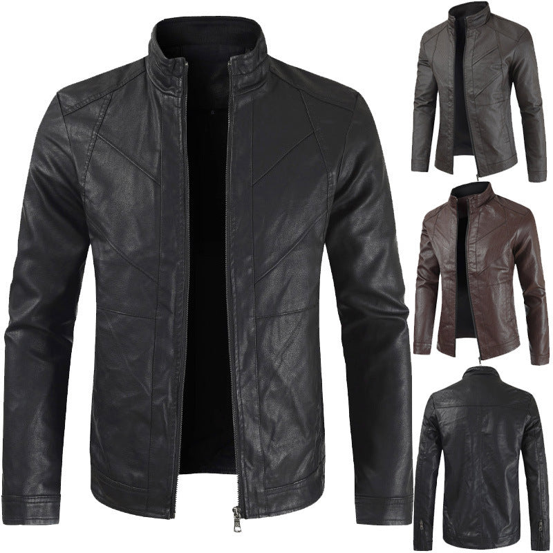 Thin Section Stand Collar PU Leather Jacket