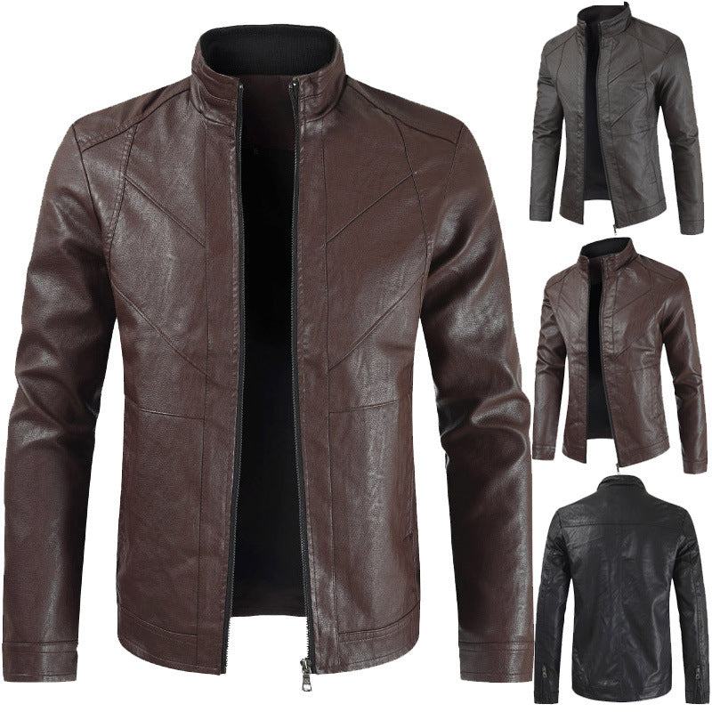 Thin Section Stand Collar PU Leather Jacket