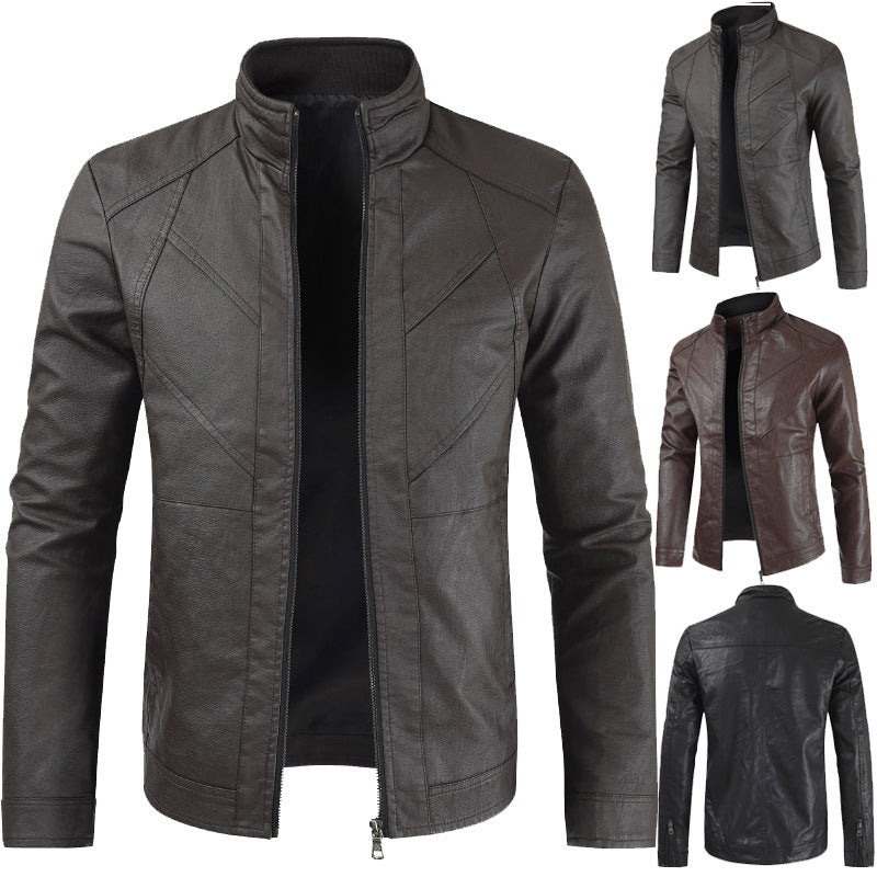 Thin Section Stand Collar PU Leather Jacket