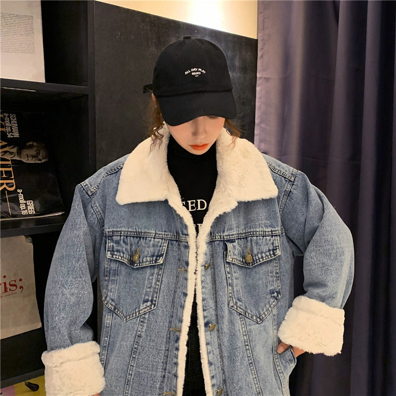 Large Fur Collar Casual Streetwear - Denim Jacket