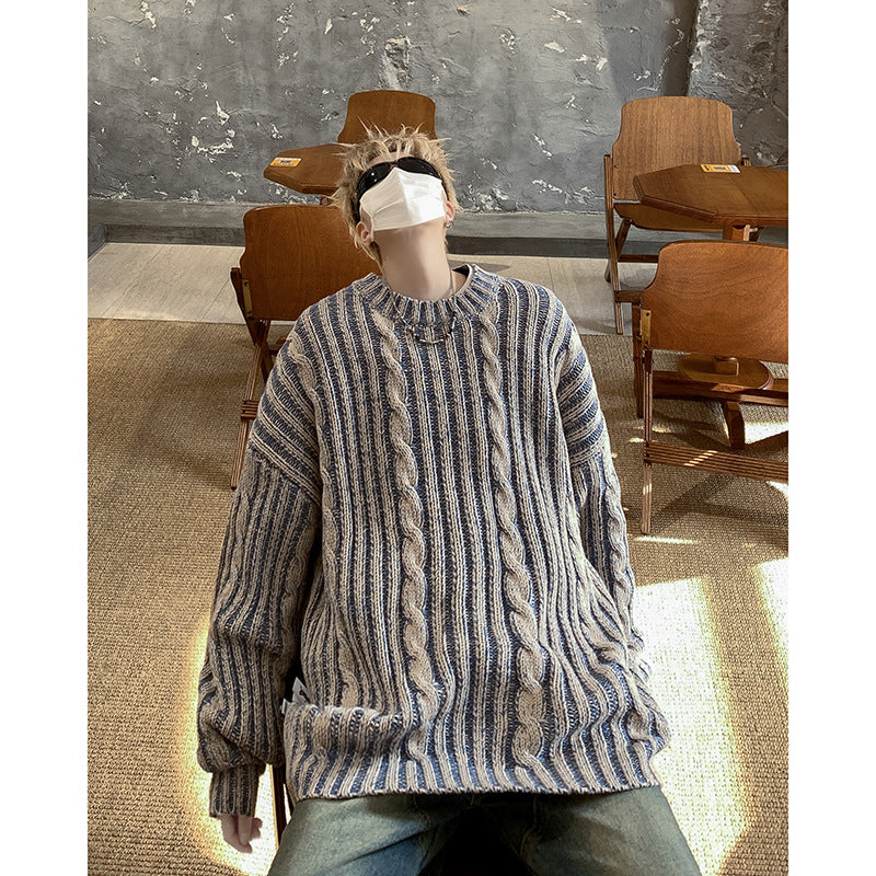 Striped Retro American Loose Round Neck Pullover