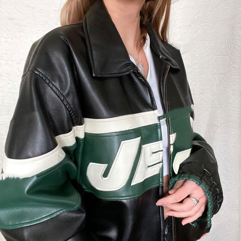 American Retro Letter Embroidered - PU Leather Jacket