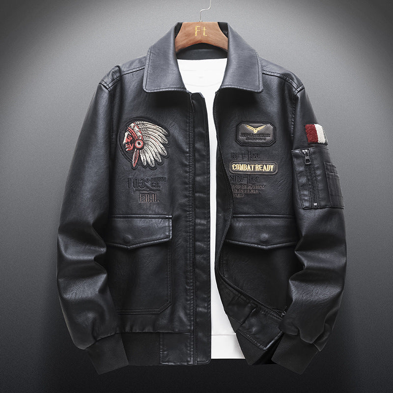 Lapel PU Embroidered Men's Leather Jacket
