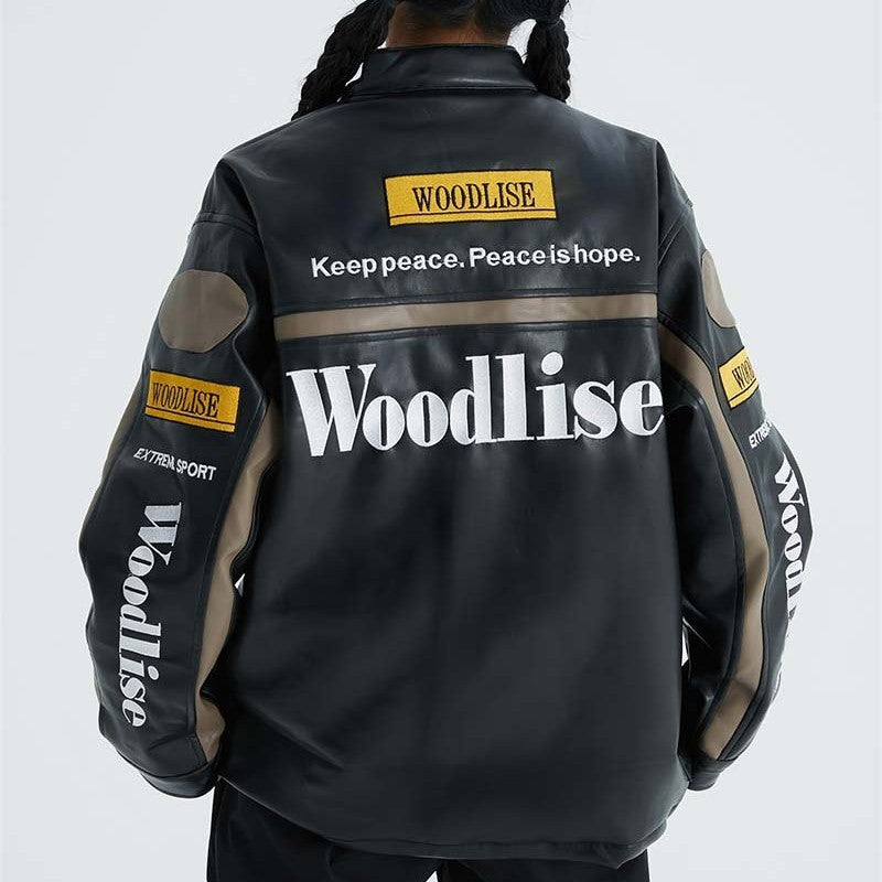 Bike PU Leather Jacket With Letter Embroidery & Color Blocking