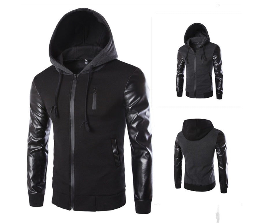 Men's Hooded Jacket With Leather Sleeves