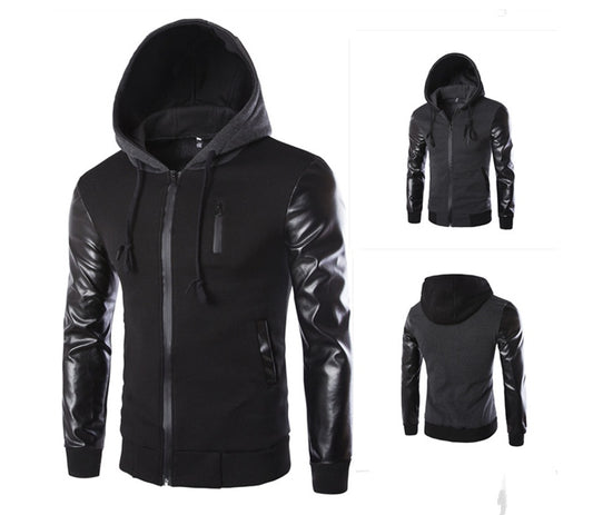 Men's Hooded Jacket With Leather Sleeves