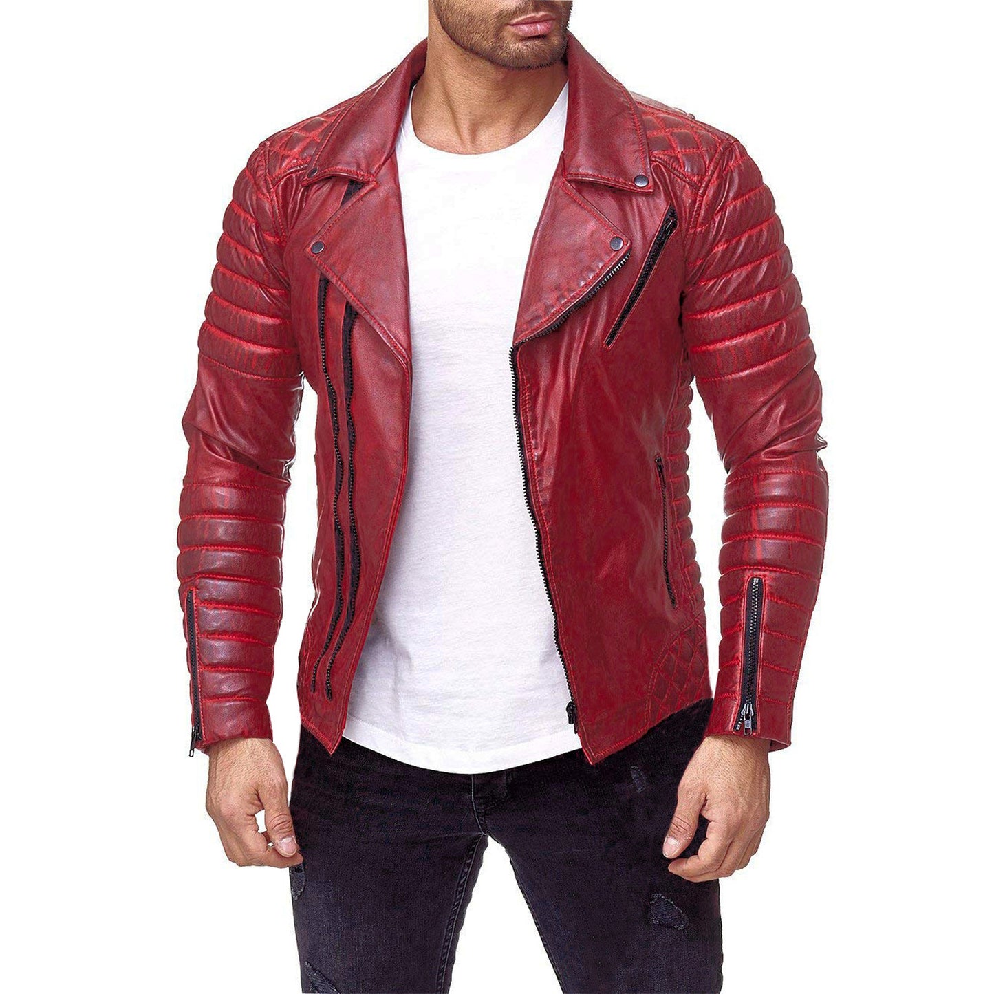 Open Collar Men's PU Leather Jacket