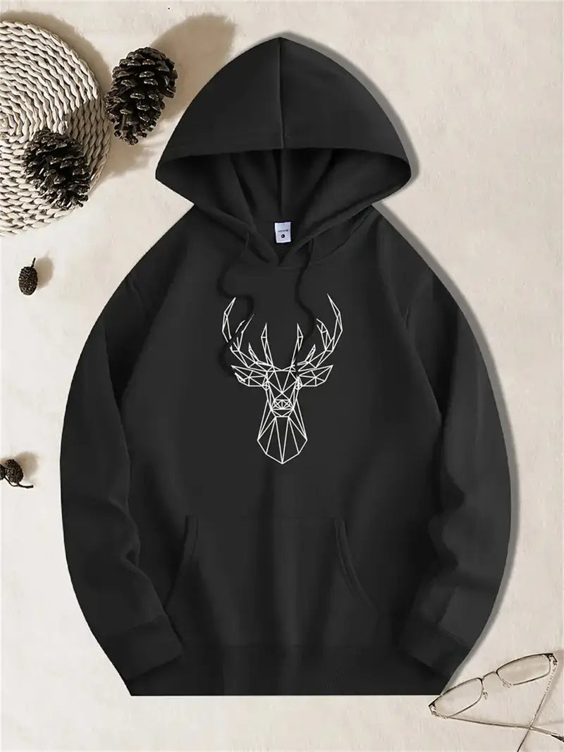 Deer Design Printed Black Hoodie