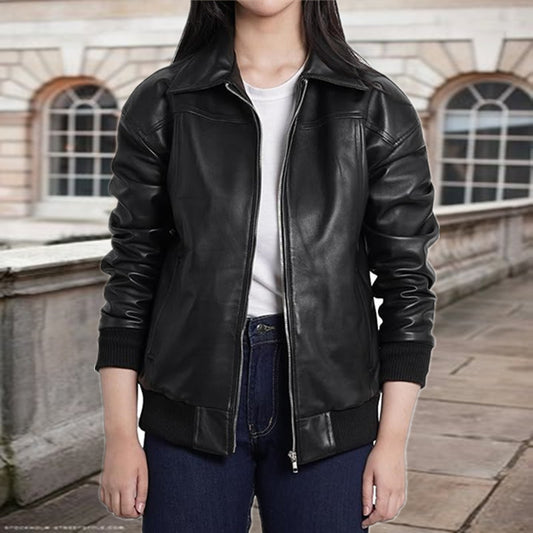 Zipper And Lapel Thread Cuff And Hem Pocket Leather Coat