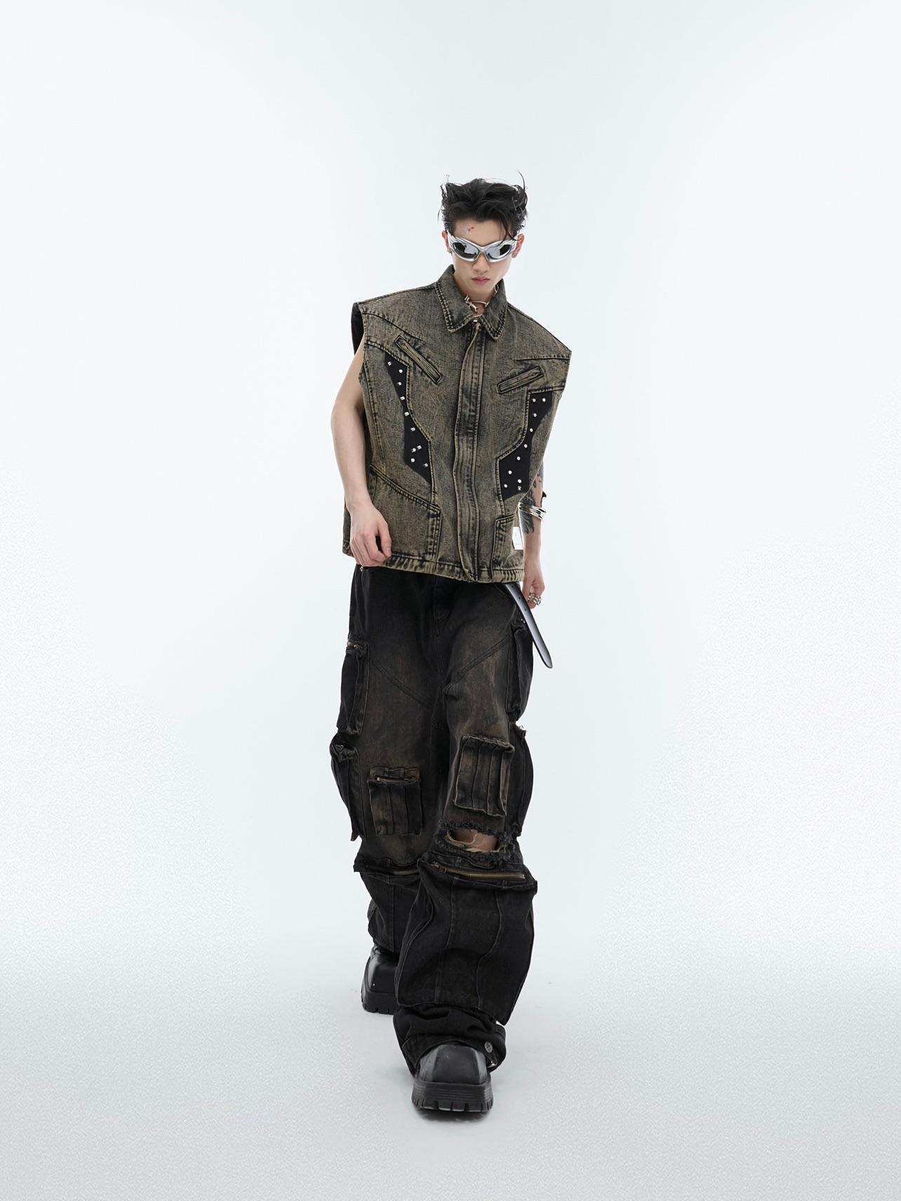 Men’s Metal Rivet Denim Vest – Sleeveless Cotton Blend Jacket