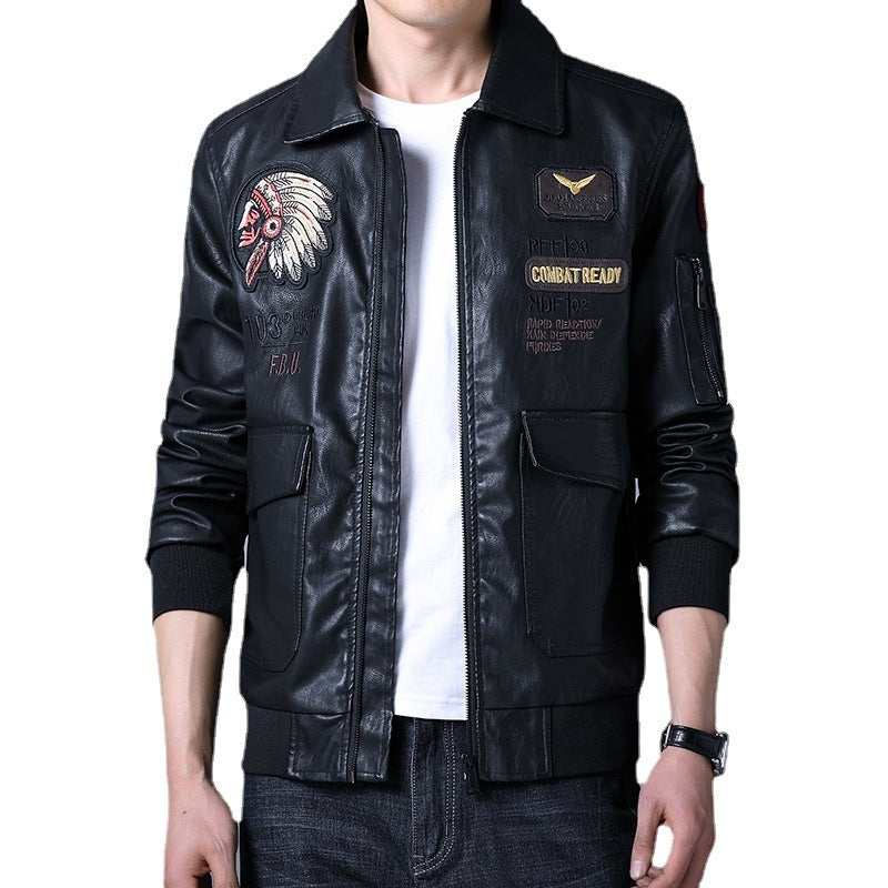 Lapel PU Embroidered Men's Leather Jacket