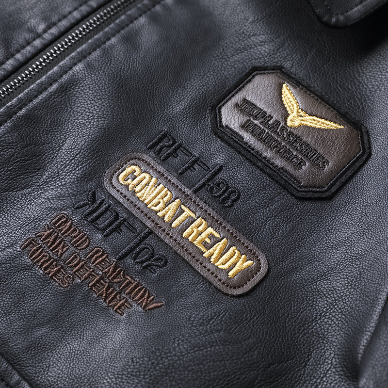 Lapel PU Embroidered Men's Leather Jacket