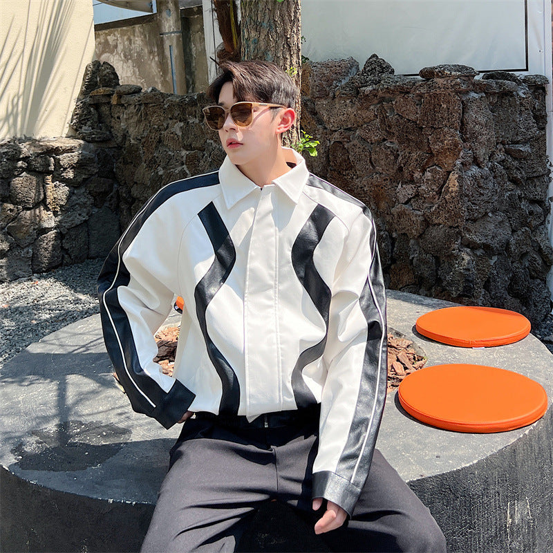 Splicing Short Motorcycle – Color Block Biker Jacket for Men