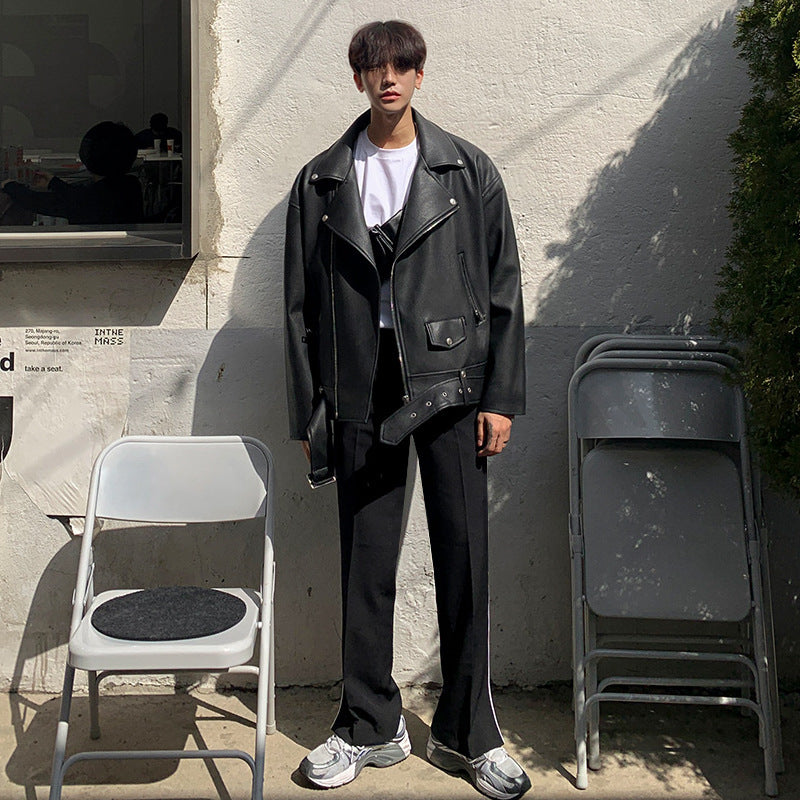 Men’s Slim PU Leather Jacket – Oblique Zipper Lapel Jacket