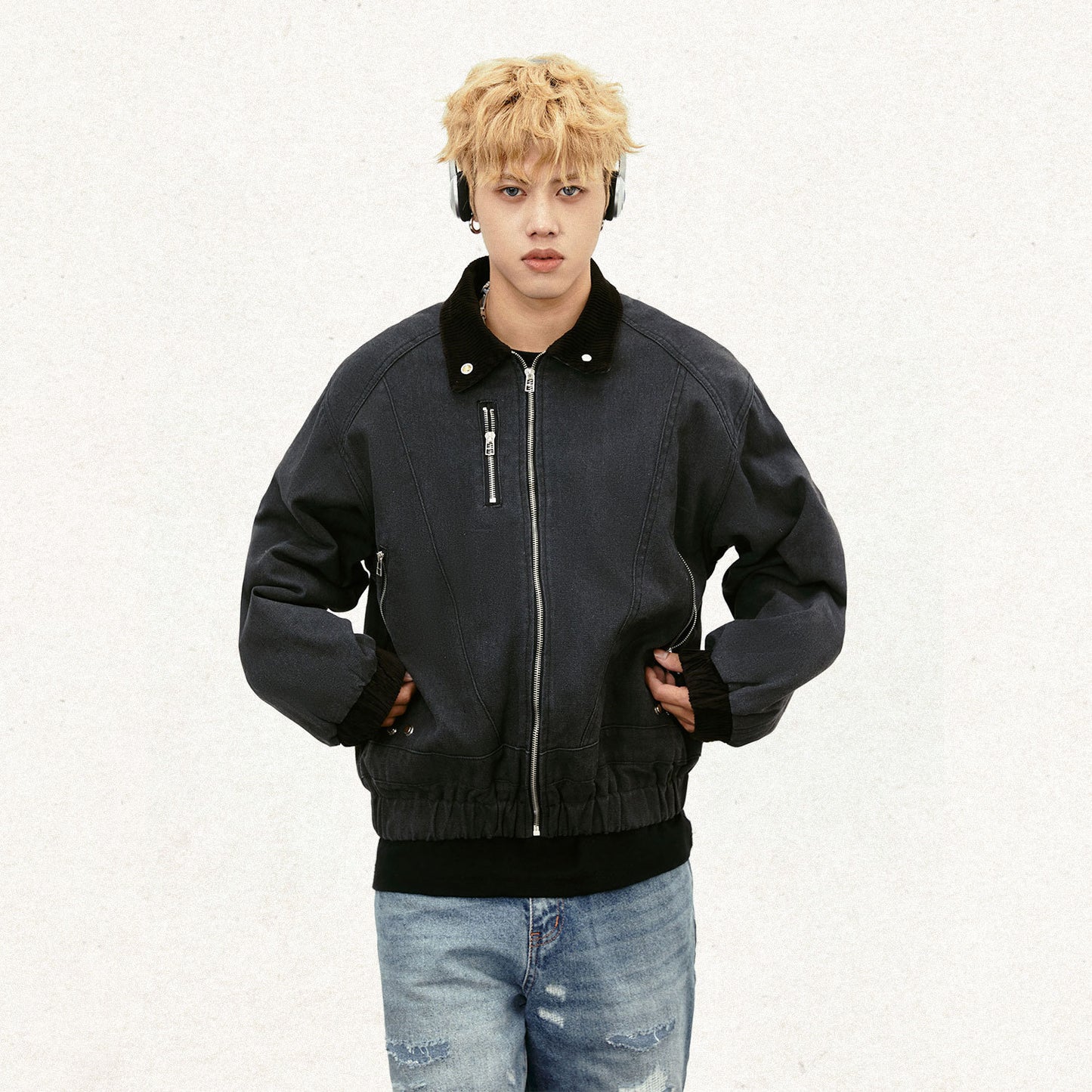 Men’s Black Denim Lapel Jacket – Thick Cotton Winter Coat