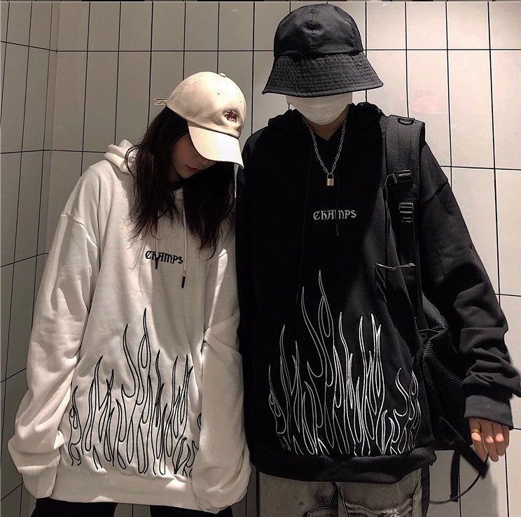 Flame Embroidered – Street Style Cotton Hoodie