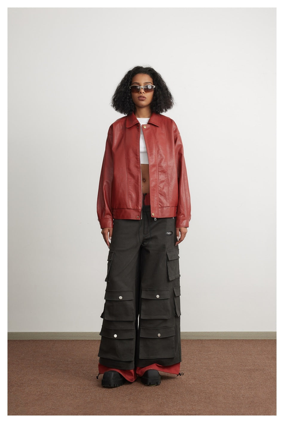 Women’s CroppedLoose Fit Red Outerwear – PU Leather Jacket