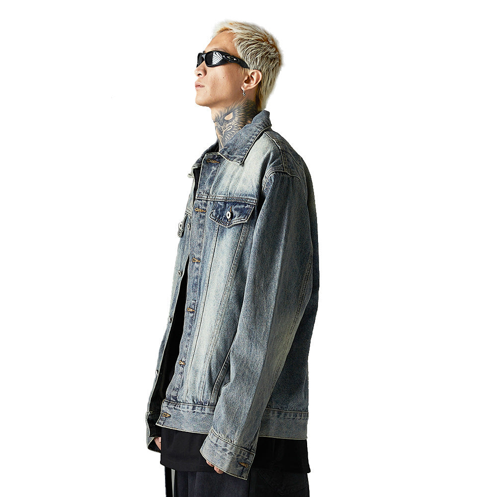 Men’s Washed Denim Punk Jacket – Long Sleeve Cotton