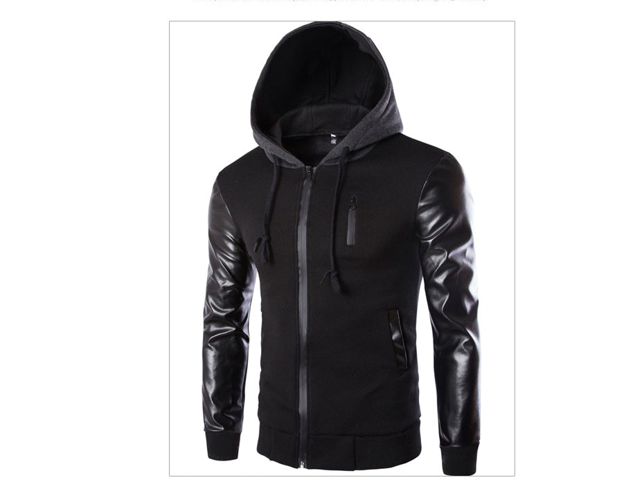 Men's Hooded Jacket With Leather Sleeves
