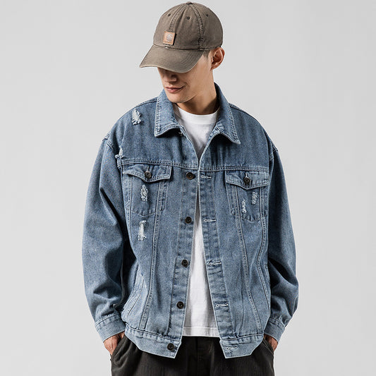 Men’s Letter Print Ripped – Vintage Denim Jacket
