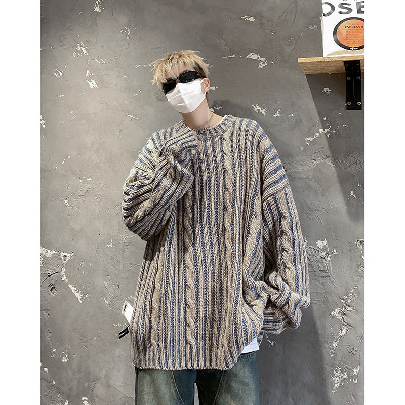 Striped Retro American Loose Round Neck Pullover