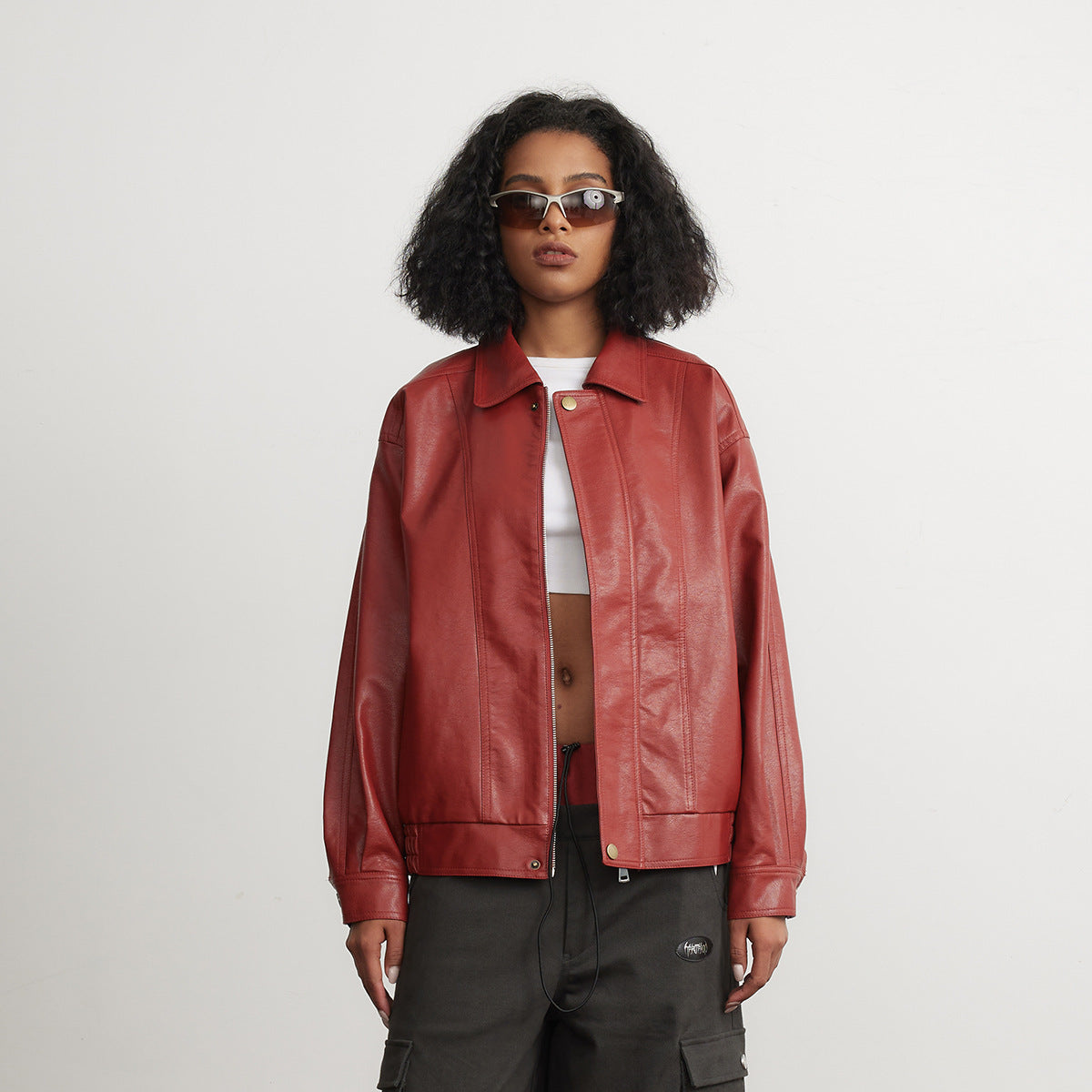 Women’s CroppedLoose Fit Red Outerwear – PU Leather Jacket