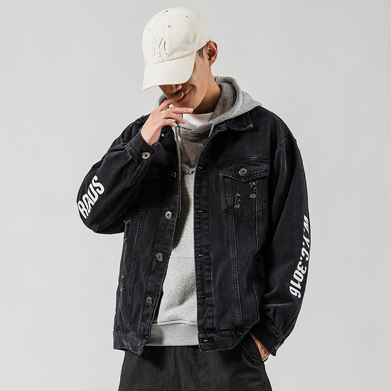 Men’s Letter Print Ripped – Vintage Denim Jacket