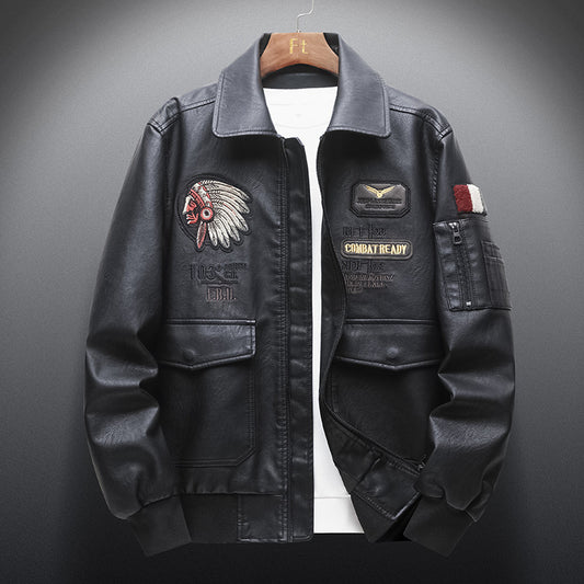 Lapel PU Embroidered Men's Leather Jacket
