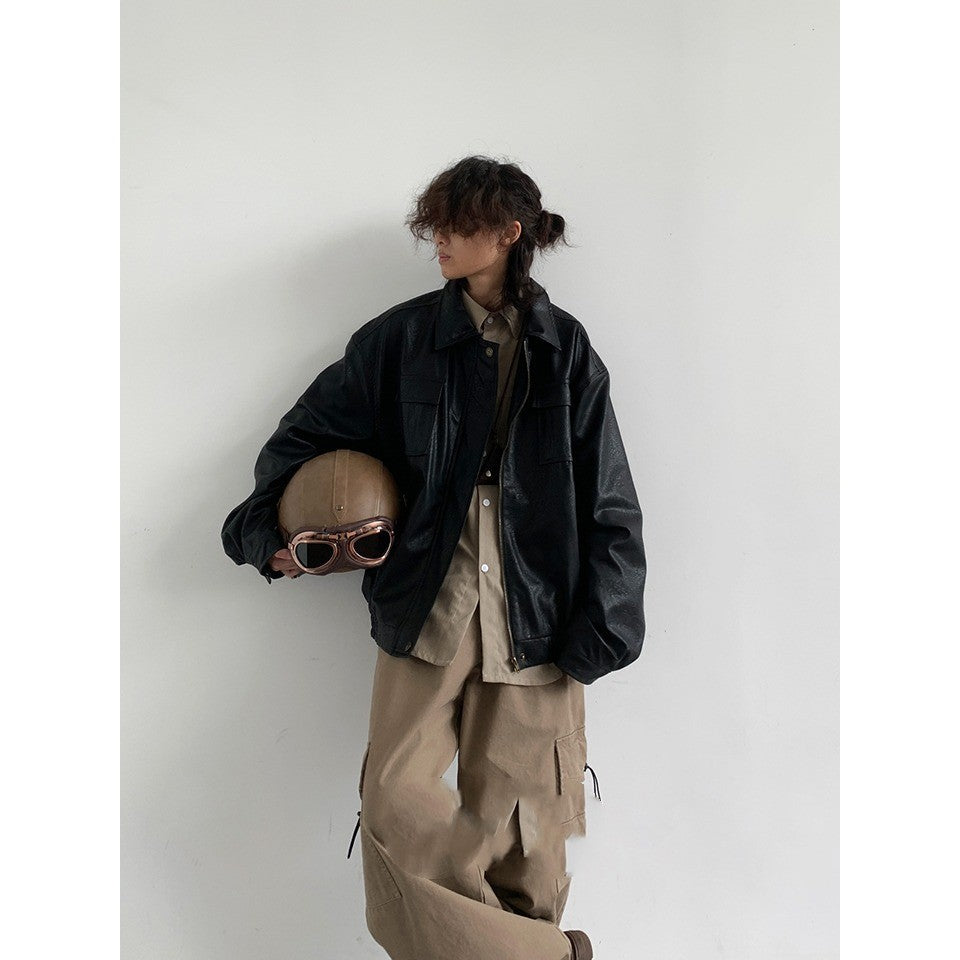 Japanese-Style Retro PU Loose Cardigan - Leather Jacket