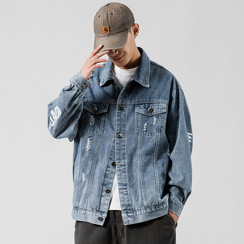 Men’s Letter Print Ripped – Vintage Denim Jacket