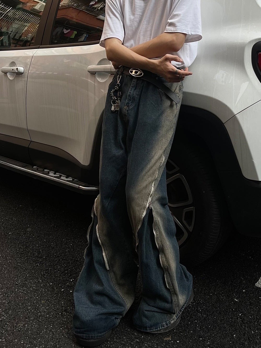 Men's Loose Double Zipper Yellow Mud Color Slightly Flared Jeans