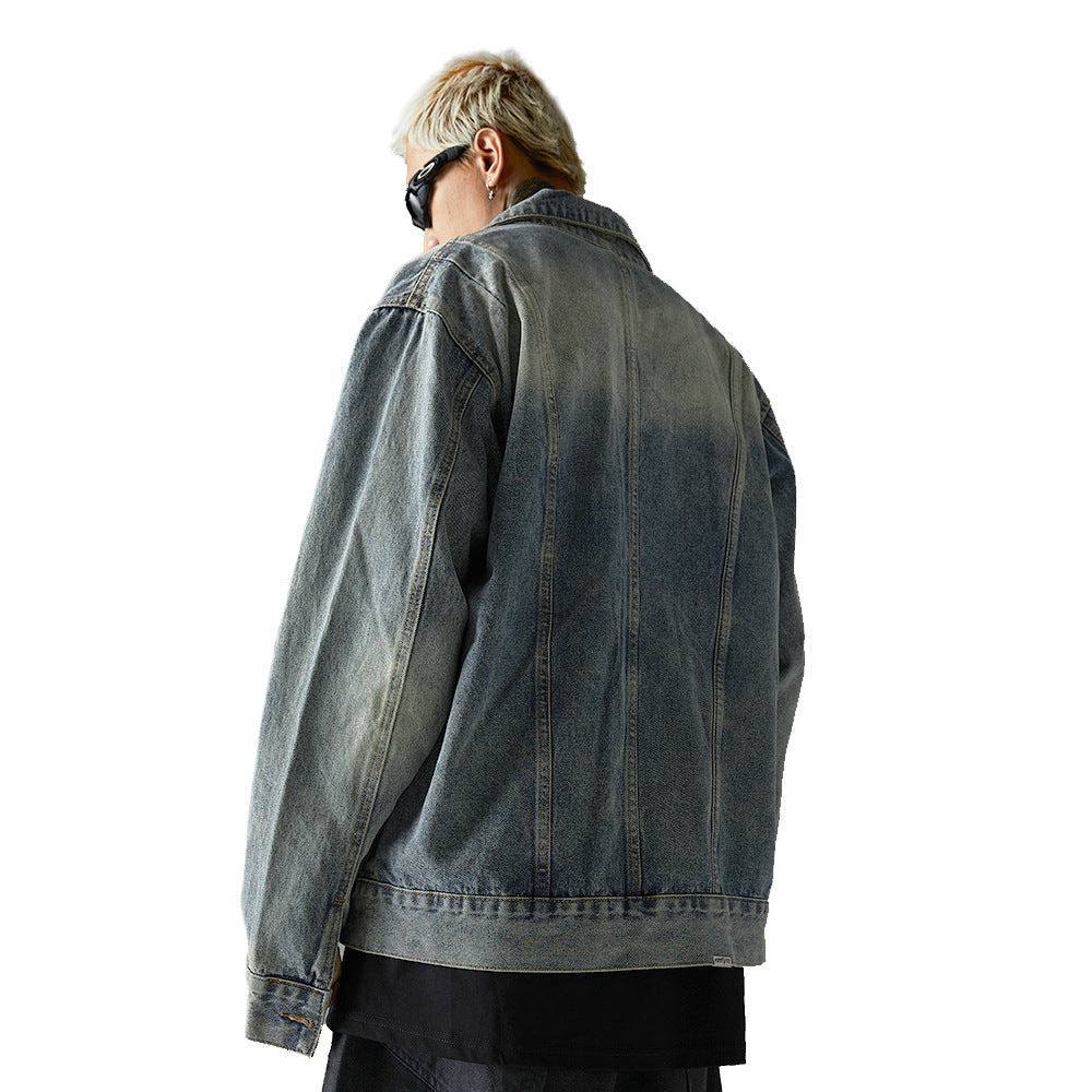 Men’s Washed Denim Punk Jacket – Long Sleeve Cotton