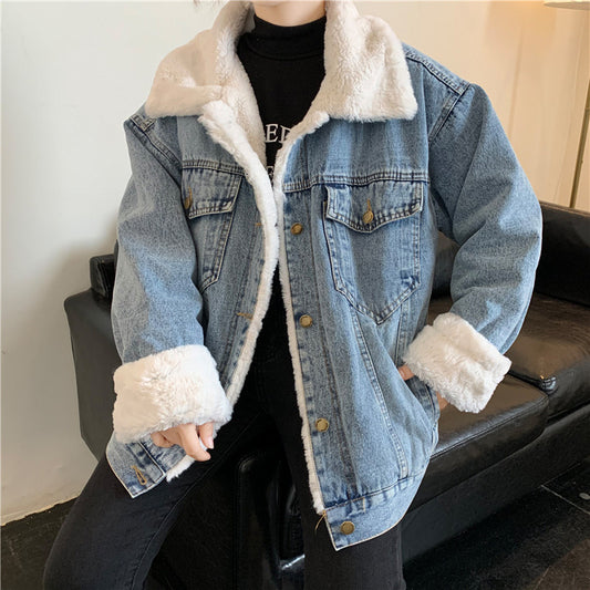 Large Fur Collar Casual Streetwear - Denim Jacket