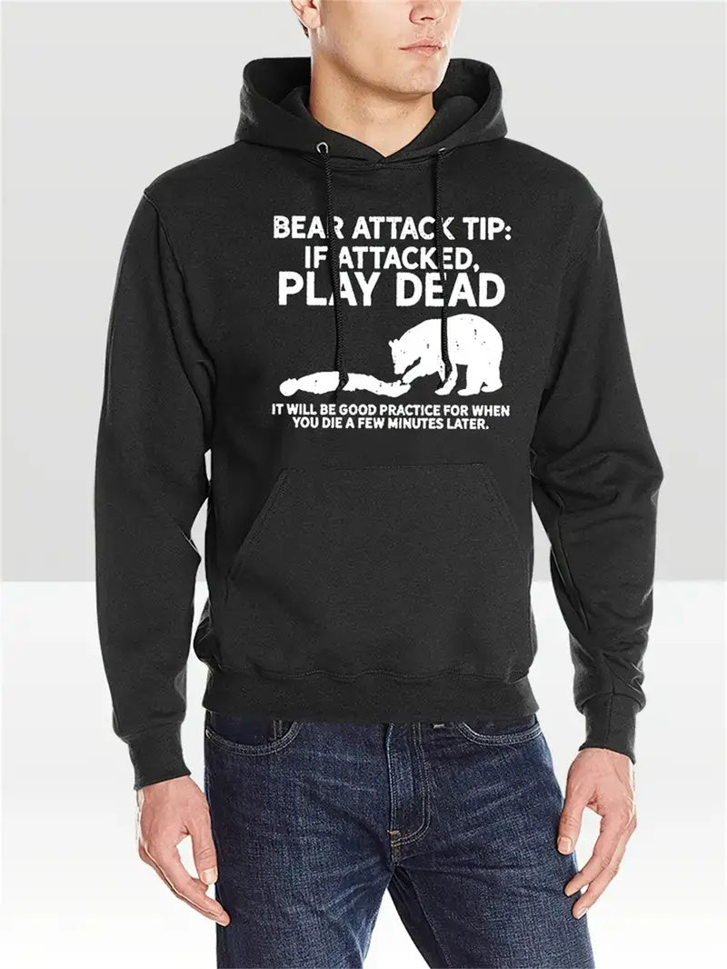 Bear Attack Printed Black Hoodie