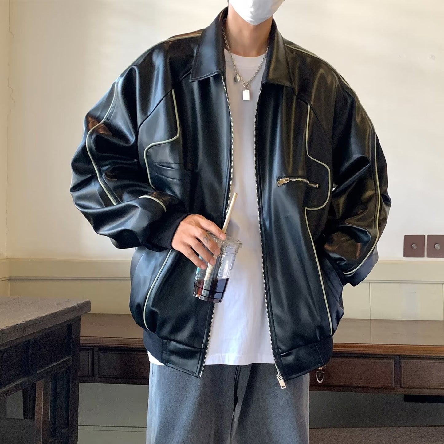 Vintage Casual Streetwear Solid PU Unisex Leather Jacket