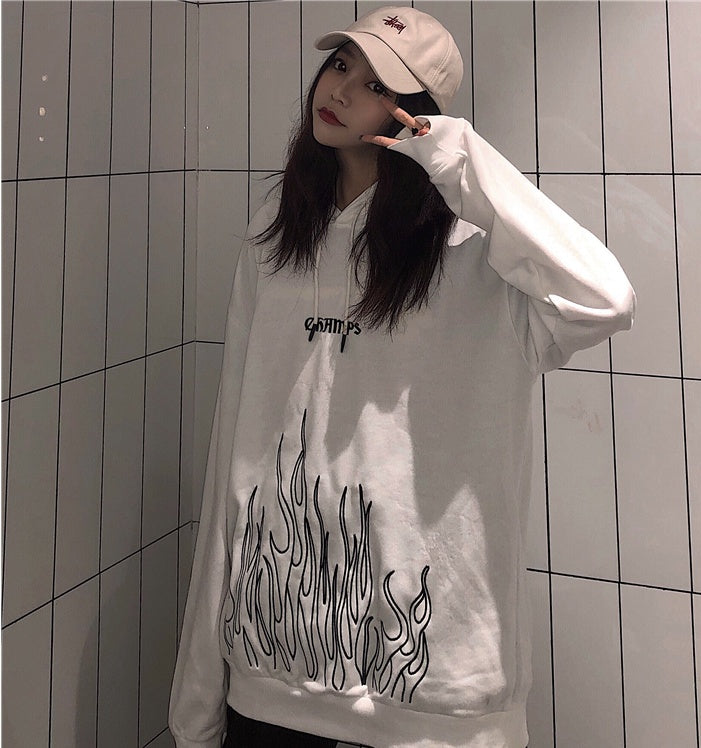 Flame Embroidered – Street Style Cotton Hoodie