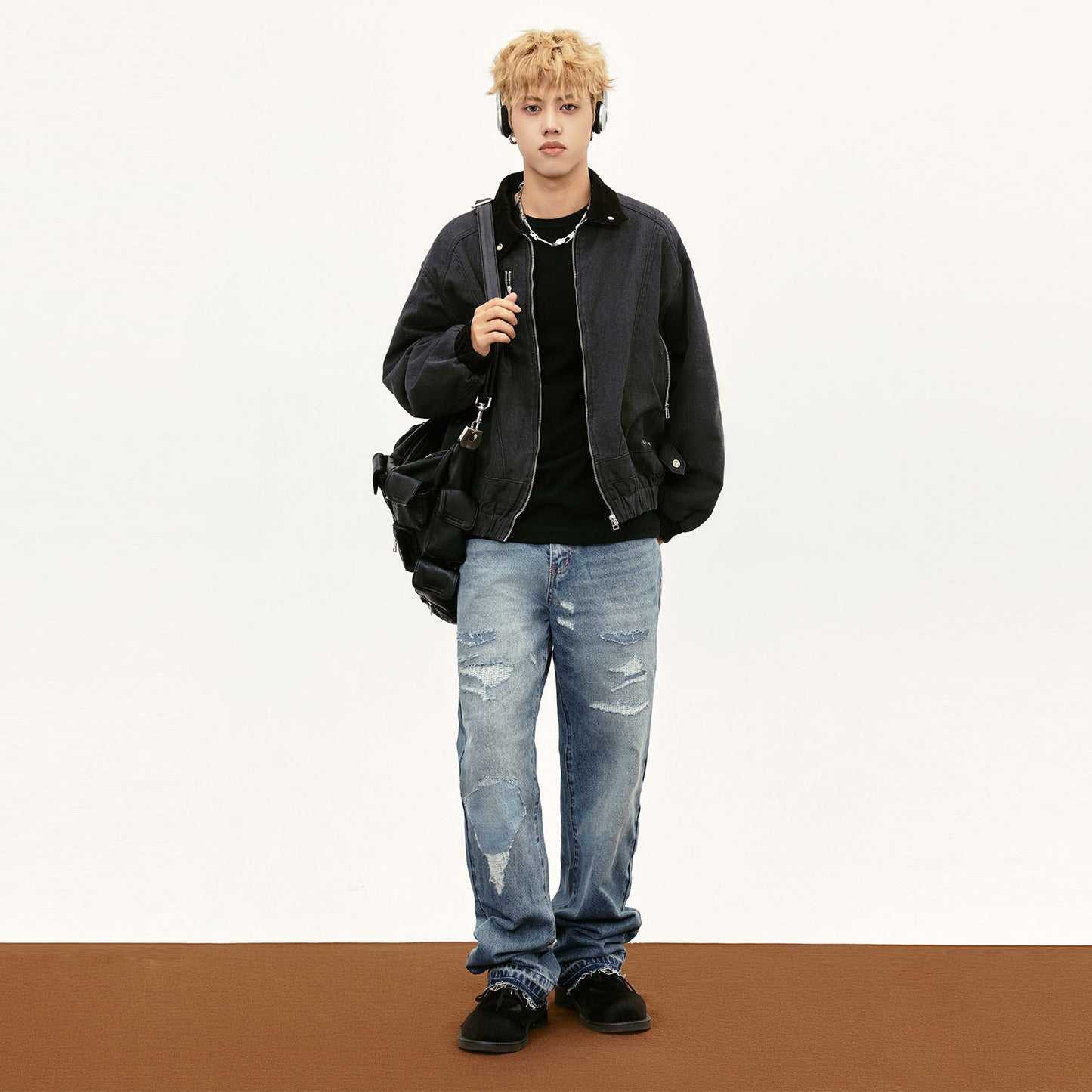 Men’s Black Denim Lapel Jacket – Thick Cotton Winter Coat