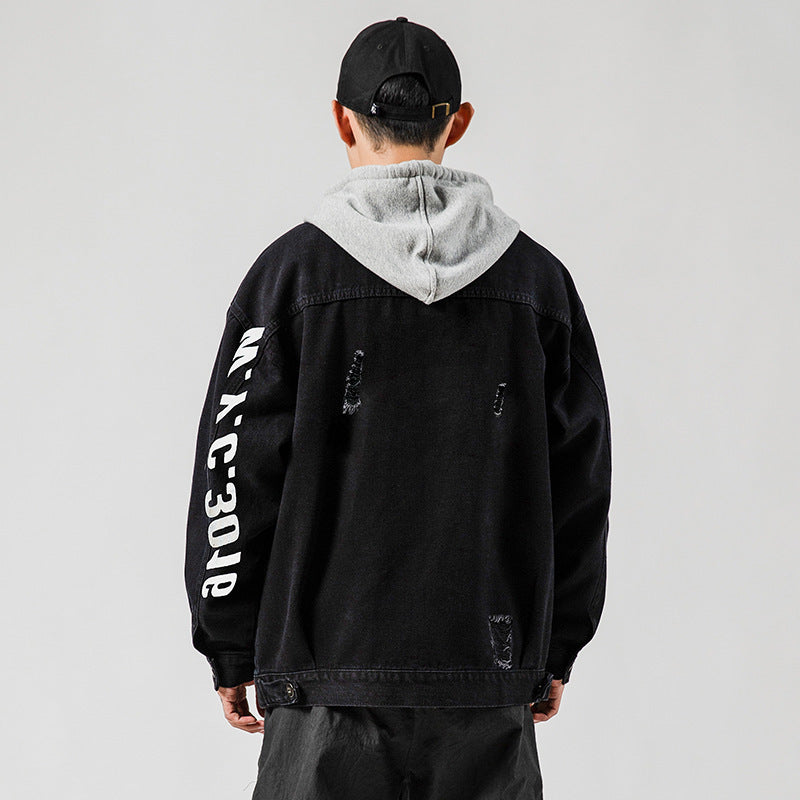 Men’s Letter Print Ripped – Vintage Denim Jacket