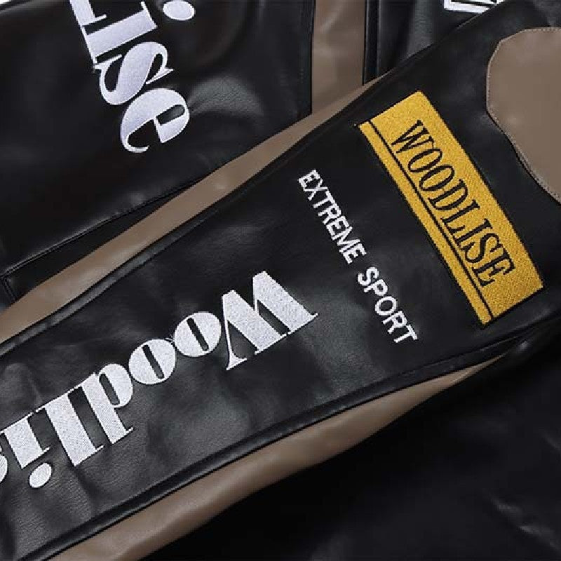 Bike PU Leather Jacket With Letter Embroidery & Color Blocking