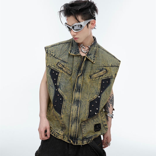 Men’s Metal Rivet Denim Vest – Sleeveless Cotton Blend Jacket