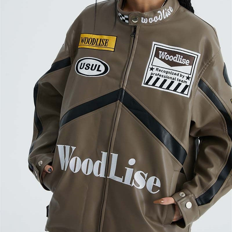 Bike PU Leather Jacket With Letter Embroidery & Color Blocking