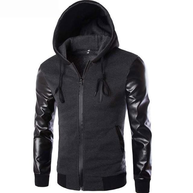 Men's Hooded Jacket With Leather Sleeves