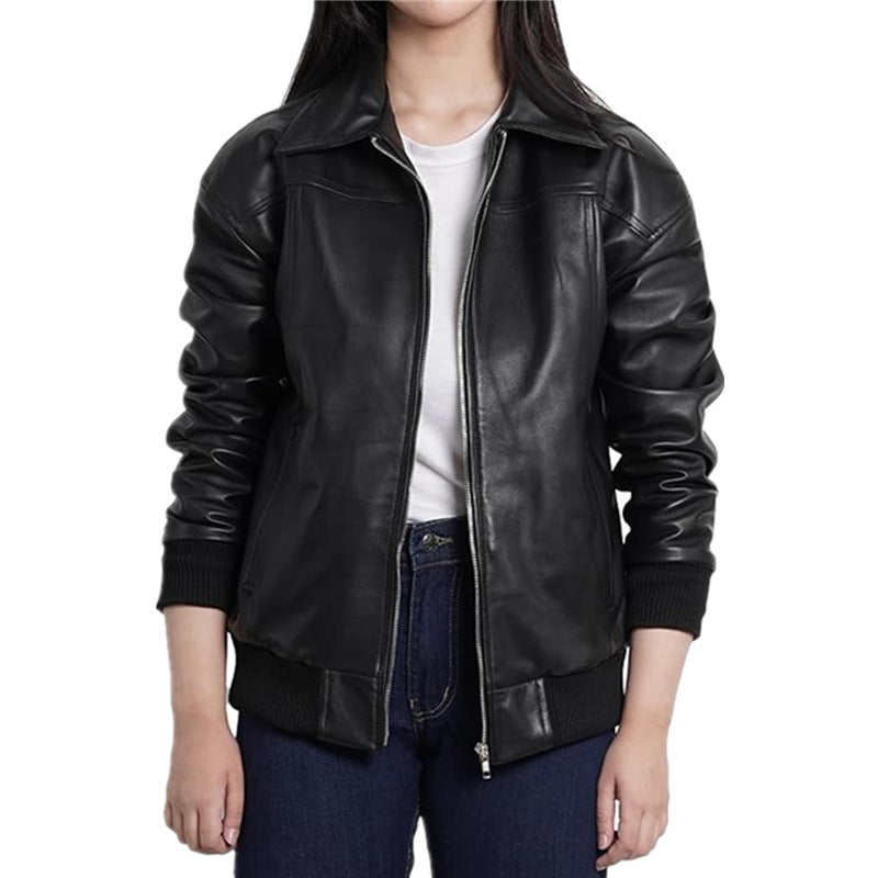 Zipper And Lapel Thread Cuff And Hem Pocket Leather Coat