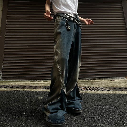 Men's Loose Double Zipper Yellow Mud Color Slightly Flared Jeans