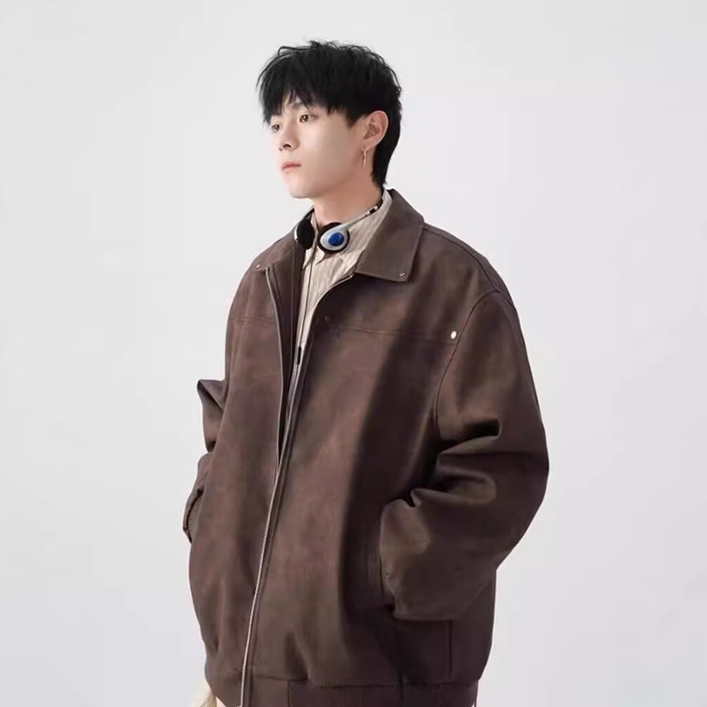 Men’s American Retro Lapel Leather Jacket – Casual Loose-Fit Streetwear Coat