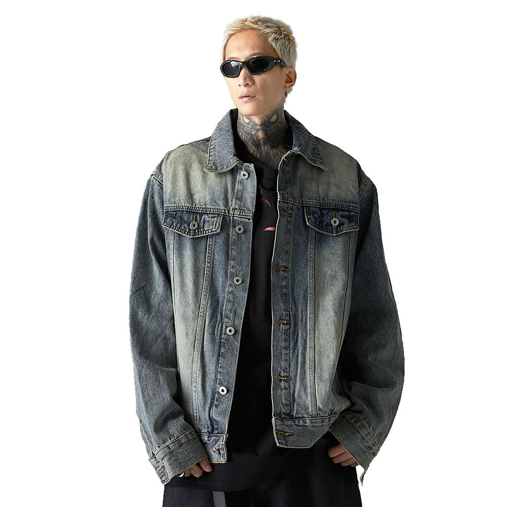 Men’s Washed Denim Punk Jacket – Long Sleeve Cotton