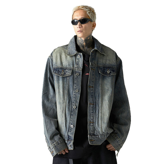 Men’s Washed Denim Punk Jacket – Long Sleeve Cotton