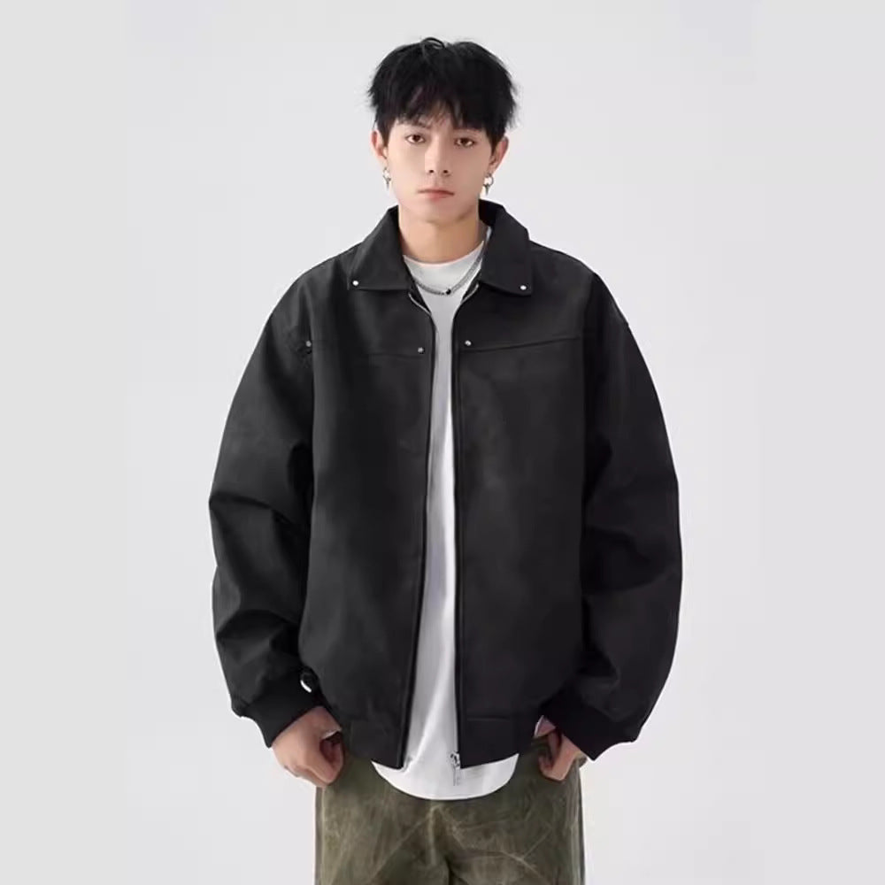 Men’s American Retro Lapel Leather Jacket – Casual Loose-Fit Streetwear Coat